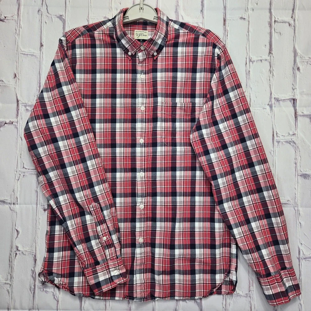 J.Crew Mens Slim Fit Plaid Button Down Shirt Red‎ Navy Blue White Cotton Medium